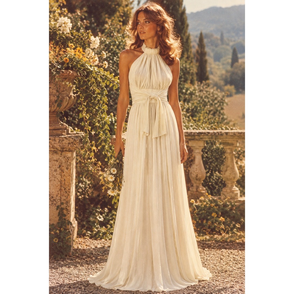 Vintage Romantica by Victor Costa Cream Halter Maxi Dress Grecian Bridal Gown S